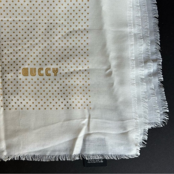 Gucci, GUCCY Modal Cashmere Shawl, White with Gold Stars and Retro Font “Guccy” - Picture 11 of 15